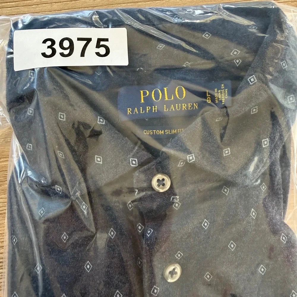 Polo Ralph Lauren Polo Shirt Mens L Navy Blue Diamond Print Custom Slim Fit